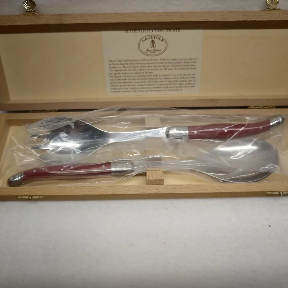 Jean Dubost Laguiole France Salad Servers Red Handle Inox Wood Box COA Serveware